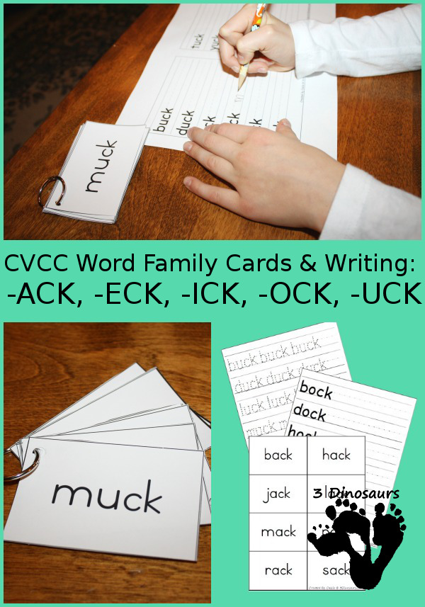 Free CVCC Word Family Cards & Writing - ACK, ECK, ICK, OCK, UCK - 3Dinosaurs.com