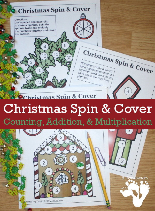 Free No-Prep Spin & Cover Christmas Math for Counting, Addition and Multiplication - 3Dinosaurs.com