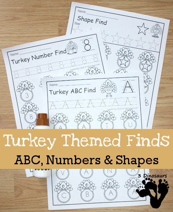 Turkey Themed Finds: Shapes, ABC, and Numbers: $ no prep pages for kids to use in preschool and kindergarten - 3Dinosaurs.com