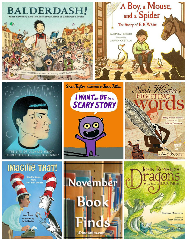 Library Book Finds from November 2017:   authors, book finds, dictionary, Dr Suess, dragons, EB White, jrr tolkien, making books, Spock, Star Trek - 3Dinosaurs.com