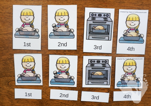 Sequencing: The First Thanksgiving & Cooking a Turkey -  with clip cards, task cards, no-prep worksheets and easy reader books $ - 3Dinosaurs.com #printablesforkids #sequencingforkids #fallprintables #tpt #teacherspayteachers