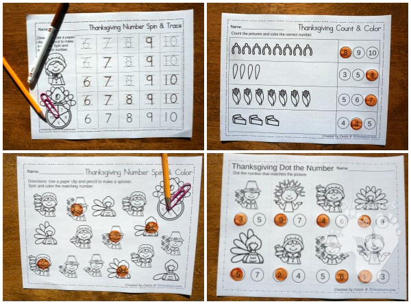 Thanksgiving Themed Number Set 1 to 10 - with clip cards, puzzles, no-prep worksheets, easy reader books, playdough mats and more $ - 3Dinosaurs.com #printablesforkids #thanksgiving #fallprintables #tpt #teacherspayteachers