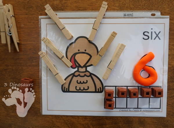 Thanksgiving Themed Number Set 1 to 10 - with clip cards, puzzles, no-prep worksheets, easy reader books, playdough mats and more $ - 3Dinosaurs.com #printablesforkids #thanksgiving #fallprintables #tpt #teacherspayteachers