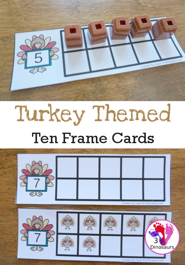 Free Turkey Ten Frame Cards - two different types of cards to use with turkeys - 3Dinosaurs.com #freeprintable #handsonlearning #thanksgivingprintables #kindergarten