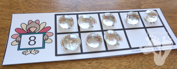 Free Turkey Ten Frame Cards - two different types of cards to use with turkeys - 3Dinosaurs.com #freeprintable #handsonlearning #thanksgivingprintables #kindergarten