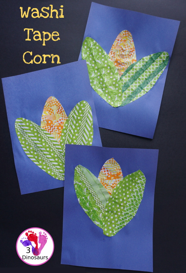 Fun Fine Motor Craft: Washi Tape Corn - easy craft to make for Thanksgiving with washi tape - 3Dinosaurs.com #craftsforkids #thanksgiving