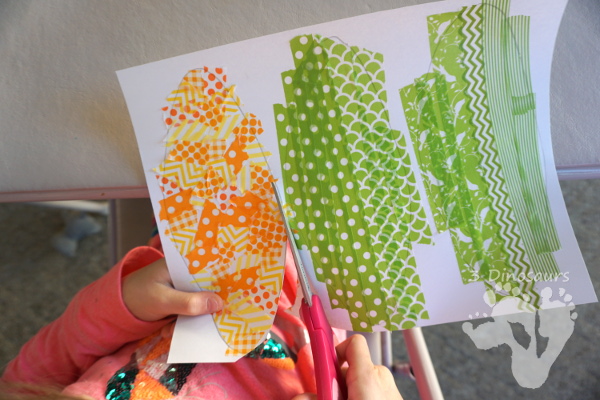Fun Fine Motor Craft: Washi Tape Corn - easy craft to make for Thanksgiving with washi tape - 3Dinosaurs.com #craftsforkids #thanksgiving