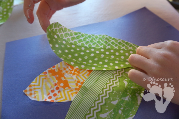 Fun Fine Motor Craft: Washi Tape Corn - easy craft to make for Thanksgiving with washi tape - 3Dinosaurs.com #craftsforkids #thanksgiving