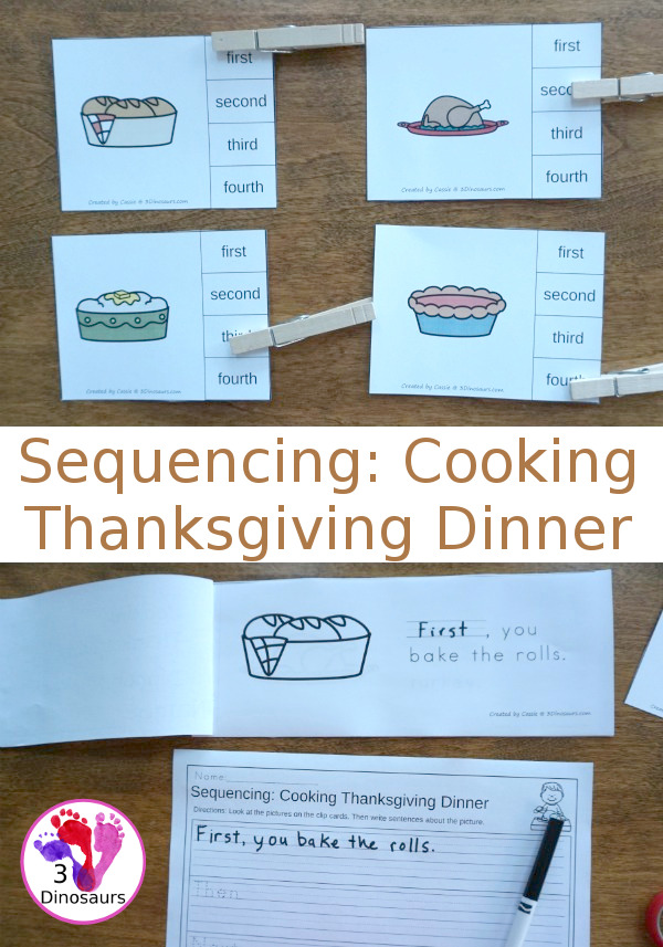 Free Sequencing Mini: Coooking Thanksgiving Dinner - 4 clip cards, 3 part cards, sequencing cut and paste, writing pages and mini book - 3Dinosaurs.com