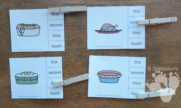 Free Sequencing Mini: Coooking Thanksgiving Dinner - 4 clip cards, 3 part cards, sequencing cut and paste, writing pages and mini book - 3Dinosaurs.com