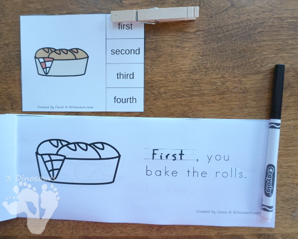 Free Sequencing Mini: Coooking Thanksgiving Dinner - 4 clip cards, 3 part cards, sequencing cut and paste, writing pages and mini book - 3Dinosaurs.com