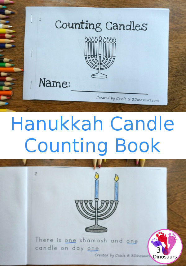 Free Hanukkah Counting Candle Book - 10 page book with counting candles for the night with a boy or girl ending - 3Dinosaurs.com