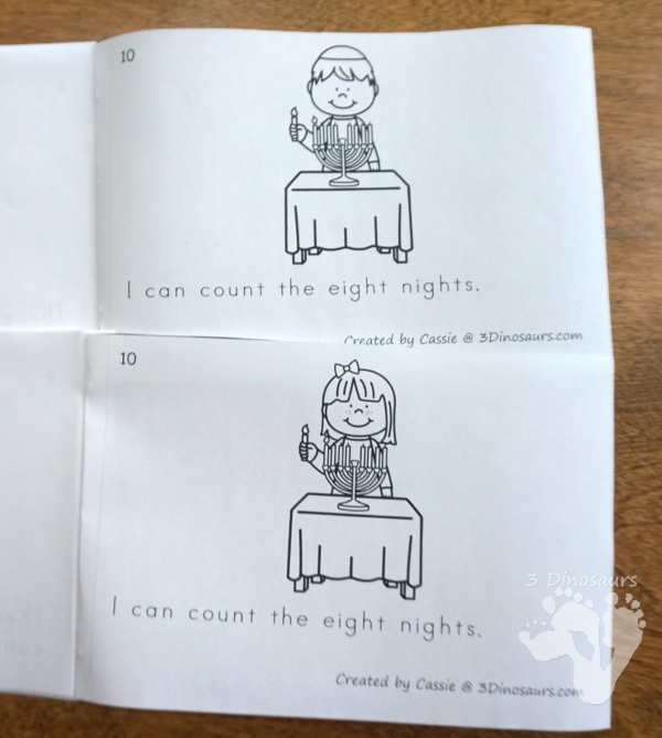 Free Hanukkah Counting Candle Book - 10 page book with counting candles for the night with a boy or girl ending - 3Dinosaurs.com