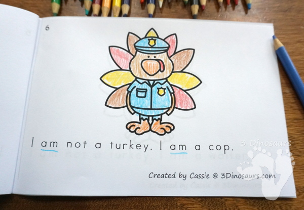 Free I Am Not A Turkey Easy Reader Book - 10 page book for kids to read and color - 3Dinosaurs.com