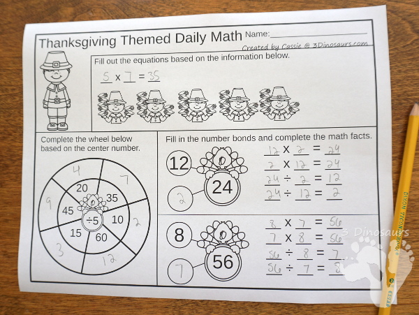 No Prep Thanksgiving Themed Addition & Subtraction and Multiplication & Division - 30 pages no-prep printables with a mix of addition and subtraction or multiplication and division activities plus a math center activities with Thanksgiving themes - 3Dinosaurs.com #noprepmath #tpt #addition #subtraction #multiplication #division #thanksgiving #fall