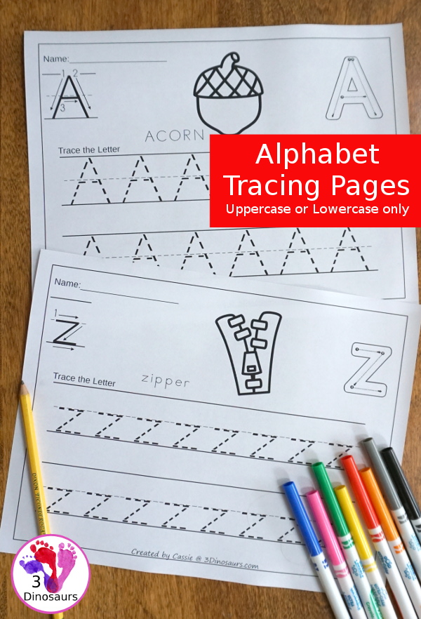 No-Prep ABC Tracing Pages Uppercase or Lowercase for the whole Alphabet - 52 pages of printabes for kids to work on the letters they are working on - 3Dinosaurs.com