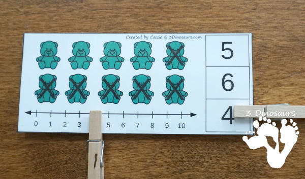 Free Bear Addition and Subtraction Clip Cards - 10 cards for each type of math with a colorful bears, numberline and clip numbers to work on addition and subtraction from 1 to 10 - 3Dinosaurs.com