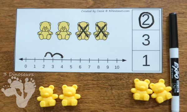 Free Bear Addition and Subtraction Clip Cards - 10 cards for each type of math with a colorful bears, numberline and clip numbers to work on addition and subtraction from 1 to 10 - 3Dinosaurs.com