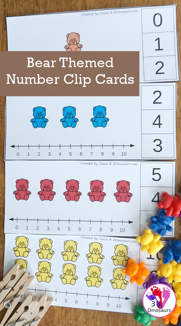 Free Bear Number Clip Cards - 10 clip cards that work on numbers from 1 to 10 with counting and a number line - 3Dinosaurs.com