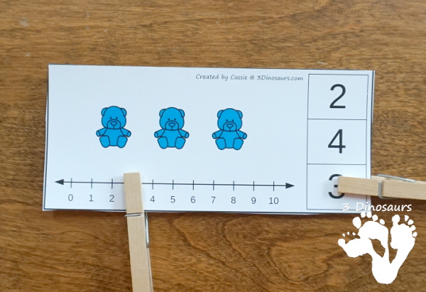 Free Bear Addition and Subtraction Clip Cards - 10 clip cards that work on numbers from 1 to 10 with counting and a number line - 3Dinosaurs.com