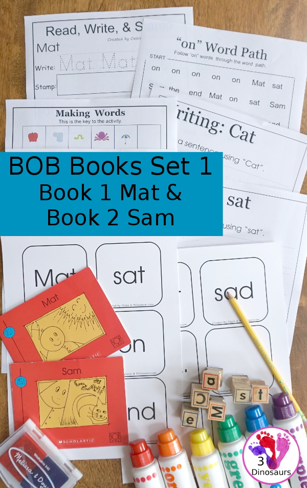 Early Reading Printables BOB Books Printables: Set 1 Book 1 Mat & 2 Sam - with 5 fun activities for kids to use with books working on CVC and first sight words - 3Dinosaurs.com