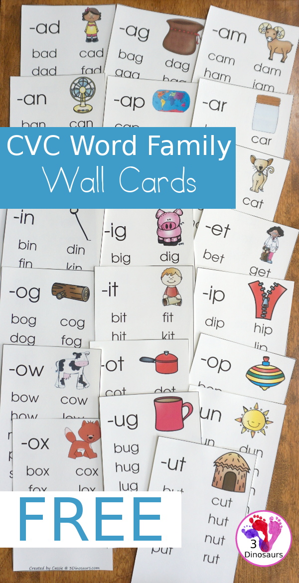 FREE CVC Word Family Wall Cards - with 22 word families for kids to learn with. 2 cards per page and up to 10 words per card - 3Dinosaurs.com
