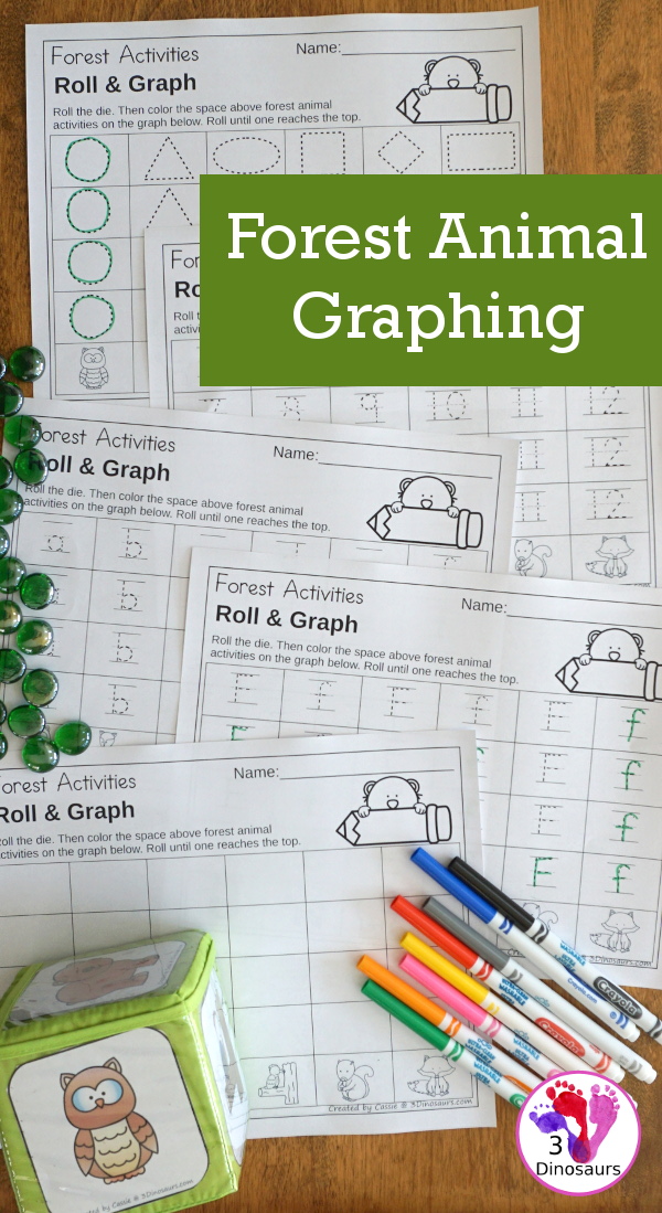 Easy to Use Forest Animals Graphing - with graphing and 2 dice options plus graphing ABCs, numbers, and shapes - 3Dinosaurs.com #graphing #mathforkids #kindergarten #prek #forestforkids 