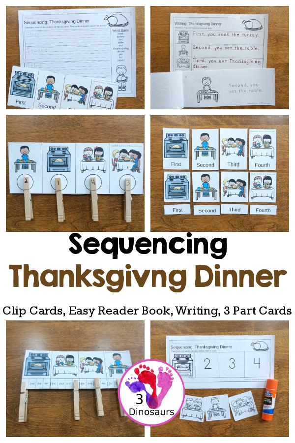 Sequencing: Thanksgiving Dinner with clip cards, task cards, no-prep worksheets and easy reader books $ - 3Dinosaurs.com #printablesforkids #sequencingforkids #thanksgiving #thanksgivingdinner #tpt #teacherspayteachers