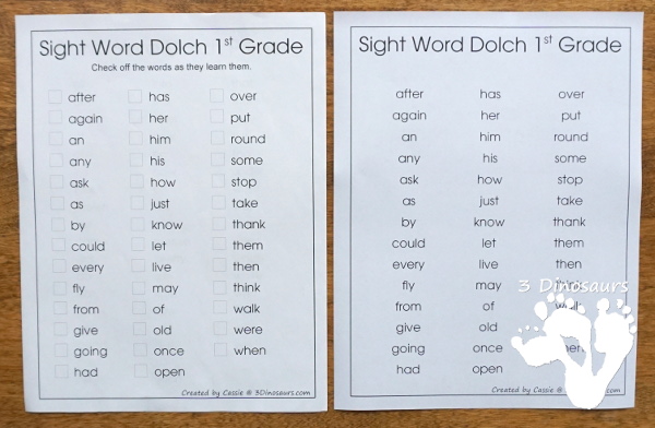 Free Sight Words Dolch Lists- two list types for each sight word list in the Dolch Sight Word lists - 3Dinosaurs.com