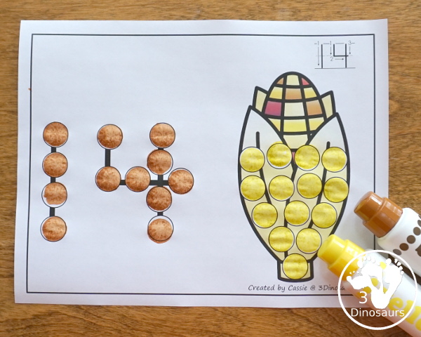 Turkey, Corn and Pie Themed Dot Marker Number & Counting - this is a fun counting activity with dot markers that works on numbers 0 to 20 with color or black and white options - 3Dinosaurs.com #thanskgivingactivities #dotmaker #doadot #numbers #counting 