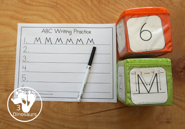 Free Writing Practice ABC Dice - with letter formation dice with folding dice and cube dice with several recording and center ideas for the letters - 3Dinosaurs.com