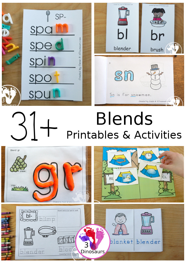 Blends Printables on 3 Dinosaurs