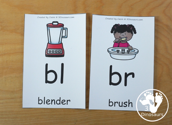 Free Blends Wall Cards: Beginning Sound Consonant Blends - with the blend, picture and matching word for the following blends bl, br, cl, cr, dr, fl, fr, gl, gr, pl, pr, sc, sk, sl, sm, sn, sp, st, sw, & tr - 3Dinosaurs.com