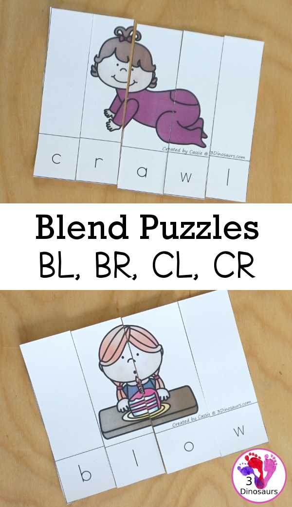 Free Blends Puzzles: consonant blends puzzles for kids to learn Bl-, Br-, Cl-, and Cr- blends. Two puzzles for each beginning blend - 3Dinosaurs.com