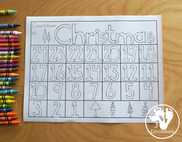 Free Countdown to Christmas Coloring Page - three fun coloring advent pages options for kids to color and count their way to Christmas - 3Dinosaurs.com 