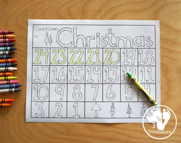 Free Countdown to Christmas Coloring Page - three fun coloring advent pages options for kids to color and count their way to Christmas - 3Dinosaurs.com