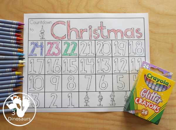 Free Countdown to Christmas Coloring Page - three fun coloring advent pages options for kids to color and count their way to Christmas - 3Dinosaurs.com 