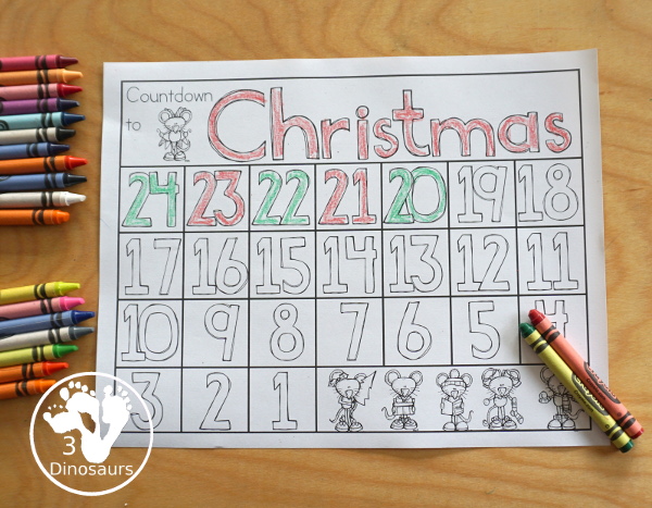 Free Countdown to Christmas Coloring Page - three fun coloring advent pages options for kids to color and count their way to Christmas - 3Dinosaurs.com 