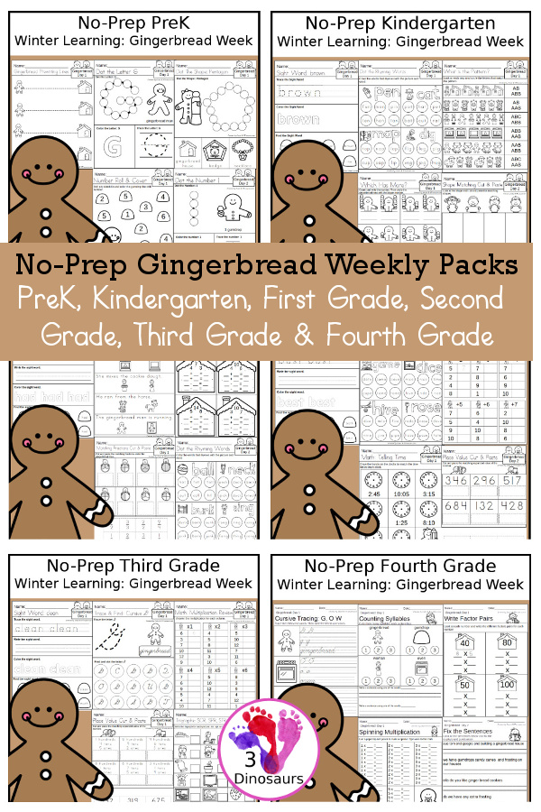 No-Prep Gingerbread Themed Weekly Packs for PreK, Kindergarten, First Grade, Second Grade, Third Grade & Fourth Grade with 5 days of activities to do for each grade level - These are great for activities to do this winter with a gingerbread house and gingerbread men to have fun while learning - 3Dinosaurs.com