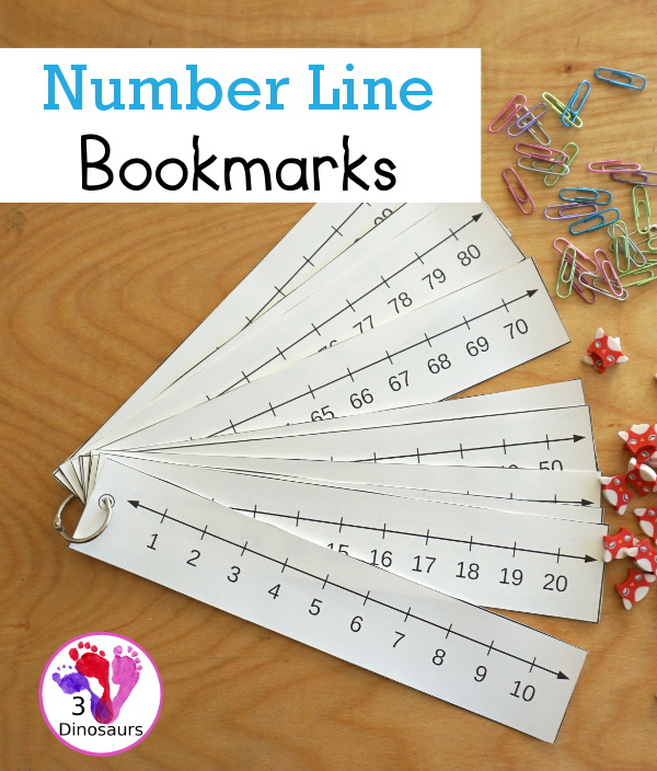 Free Printable Number Line Bookmarks - with number lines from 1 to 100 with two options for printing. You have black and white and an even and odd versions - 3Dinosaurs.com