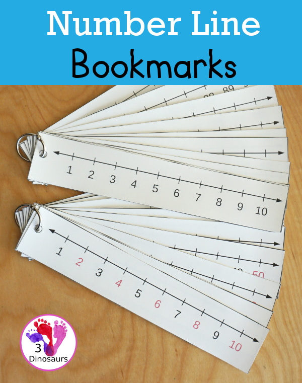 Free Printable Number Line Bookmarks - with number lines from 1 to 100 with two options for printing. You have black and white and an even and odd versions - 3Dinosaurs.com