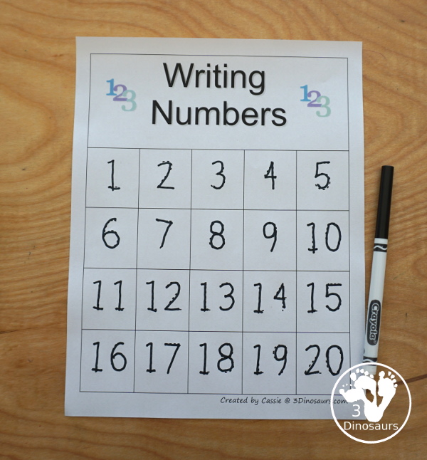 Free Number Tracing Charts 1 to 15 or 1 to 20 - easy no-prep printable for tracing numbers - 3Dinosaurs.com