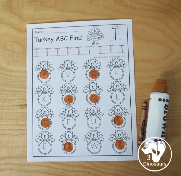 Turkey Themed ABC Find  - all 26 letters of the alphabet for kids to work on tracing and finding the letters - 3Dinosaurs.com
