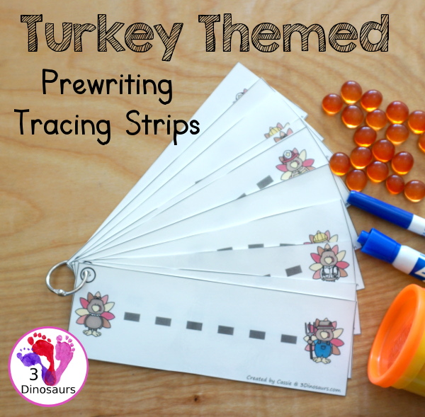 Free Turkey Themed Prewriting Strips - 10 prewriting strips with thick lines for kids to work on prewriting during Thanksgiving - 3Dinosaurs.com