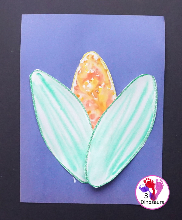 Watercolor Process Art Corn - a fun activity to make corn for a Thanksgiving or harvest celebration - 3Dinosaurs.com