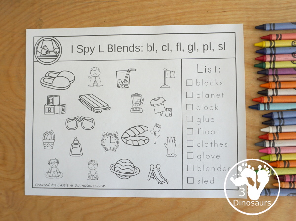 Free Blends I Spy Printable - with l blends, r blends, and s blends for kids to read the words and find the matching picture - 3Dinosaurs.com