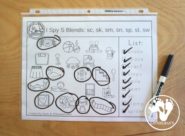 Free Blends I Spy Printable - with l blends, r blends, and s blends for kids to read the words and find the matching picture - 3Dinosaurs.com