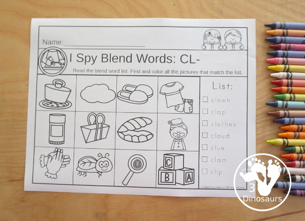 Blends I Spy Selling Set - with 60 pages of printables with 2 i spy pages for each blend with review pages with mixed blends. You have beginning blends with L blends, R blends and S blends - 3Dinosaurs.com