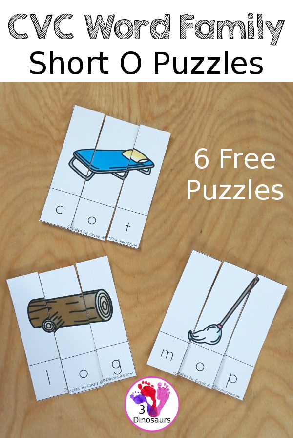 Free CVC Word Family Puzzles Short O: - 10 fun short O puzzles for kids to learn short O CVC words: -og, -op, -ot - 3Dinosaurs.com
