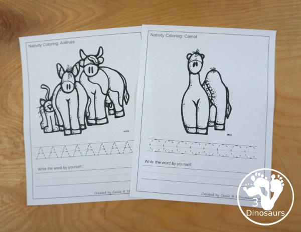 Free Nativity Coloring with Word Print & Cursive  with 9 nativity words and four options for the coloring - 3Dinosaurs.com
